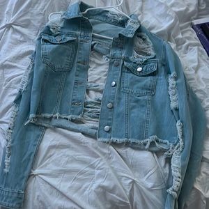 Women Cropped Ripped Jean Jacket